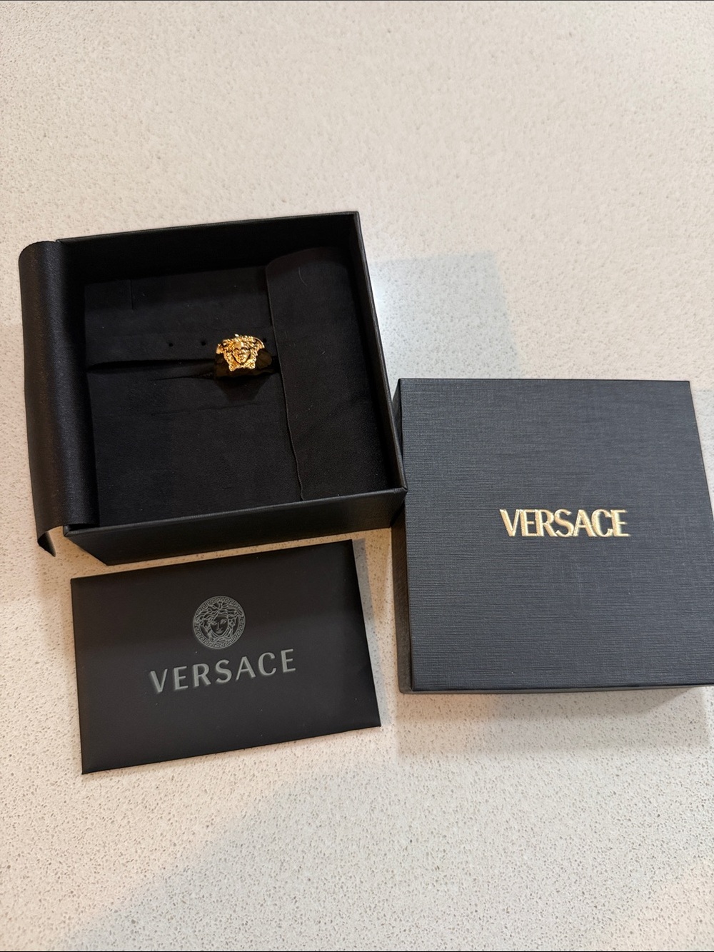 Versace Gold Medusa Crest Signet Ring with Branded Box